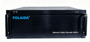 Front view of a FOLAIDA Network Video Decoder Matrix, a black rack-mount device with blue logo on the front panel and side handles.