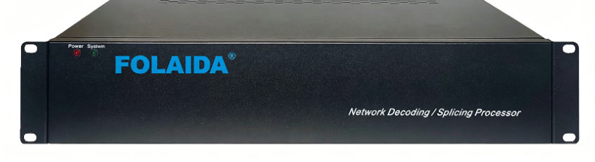 Front view of a rack-mount network decoding/splicing processor labeled FOLAIDA, with Power and System LEDs on the left.