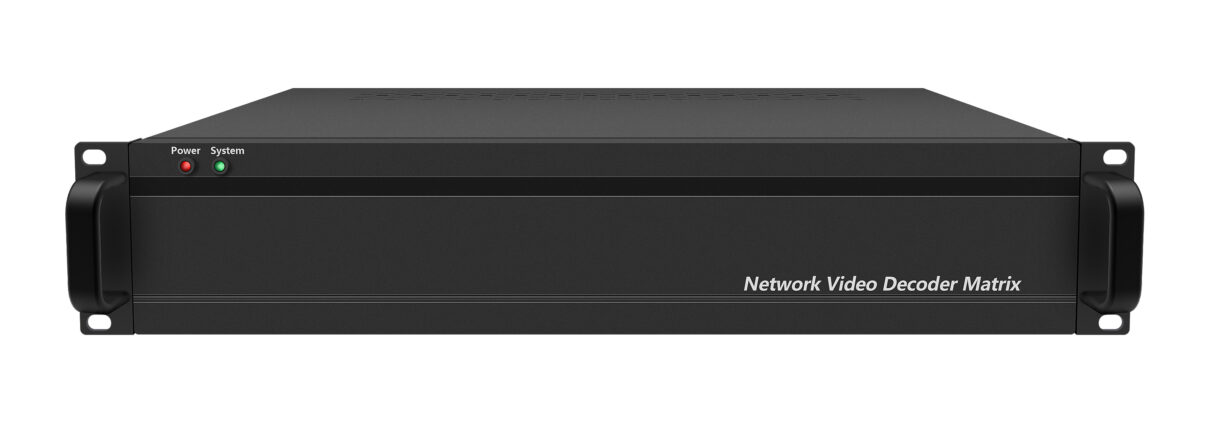 Front view of a black rack-mount Network Video Decoder Matrix with Power and System LEDs on the left panel and mounting ears on both ends.